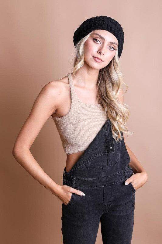 LETO Boucle Rib Knit Beret in Black One Size - Hats photo
