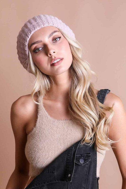 LETO Boucle Rib Knit Beret in Blush One Size - Hats photo