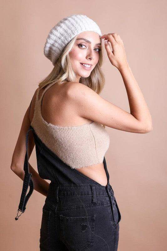 LETO Boucle Rib Knit Beret in Ivory One Size - Hats photo
