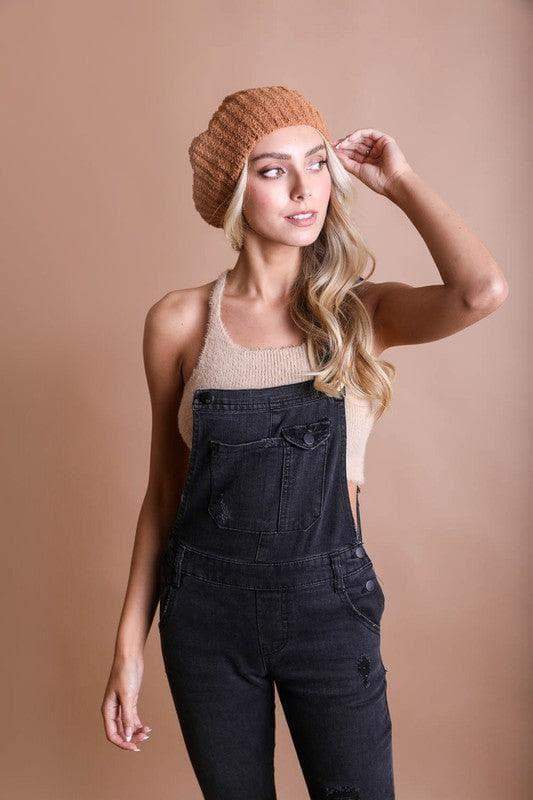 LETO Boucle Rib Knit Beret in Camel One Size - Hats photo