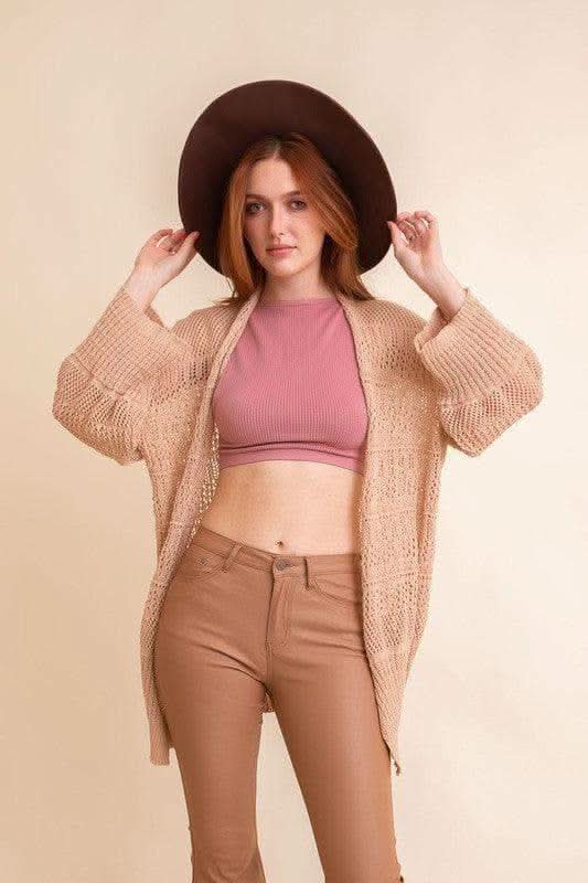 LETO Knit Netted Cardigan in Beige Default - Cardigans photo