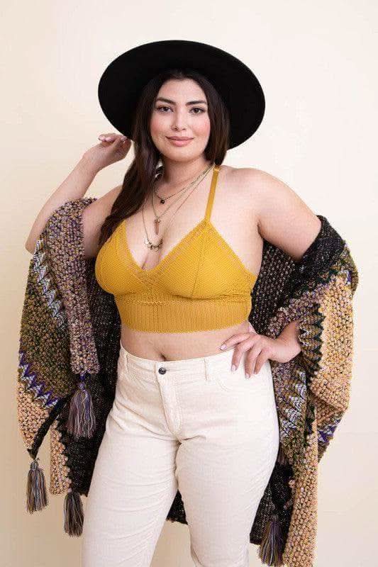LETO Plus Size Ribbed Lace Boho Racerback Bralette in Ochre 1XL - Bras photo