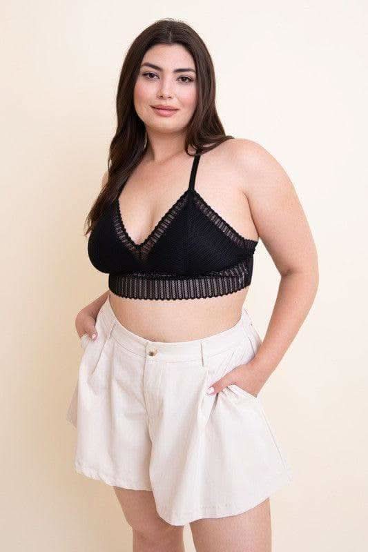 LETO Plus Size Ribbed Lace Boho Racerback Bralette in Black 1XL - Bras photo