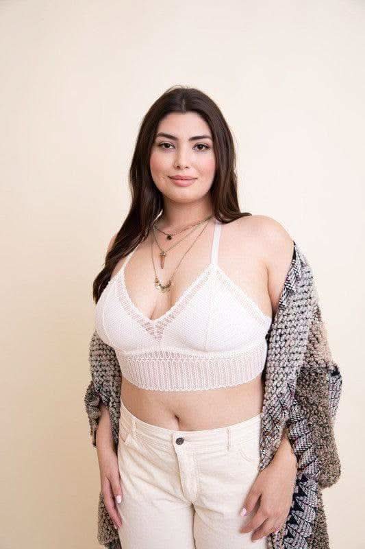 LETO Plus Size Ribbed Lace Boho Racerback Bralette in Ivory 1XL - Bras photo