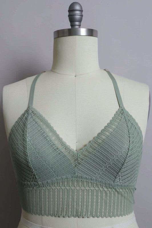 LETO Plus Size Ribbed Lace Boho Racerback Bralette in Sage 1XL - Bras photo