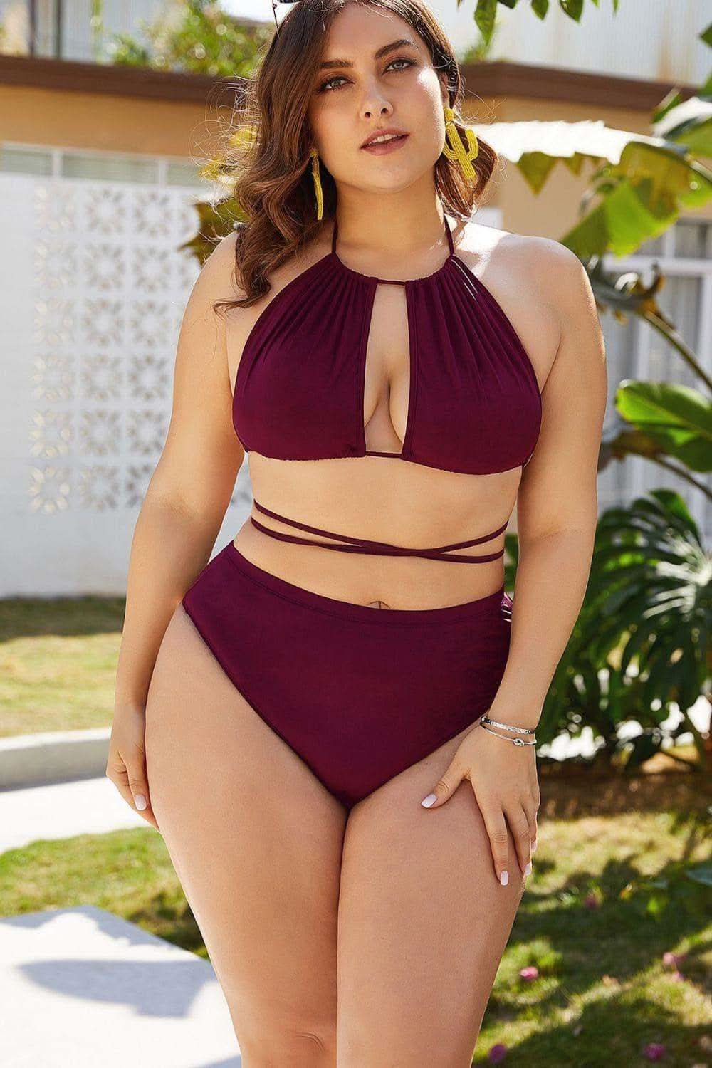 Lexi Plus Size Cutout Tied Backless Bikini Set in Red - Swimwear photo
