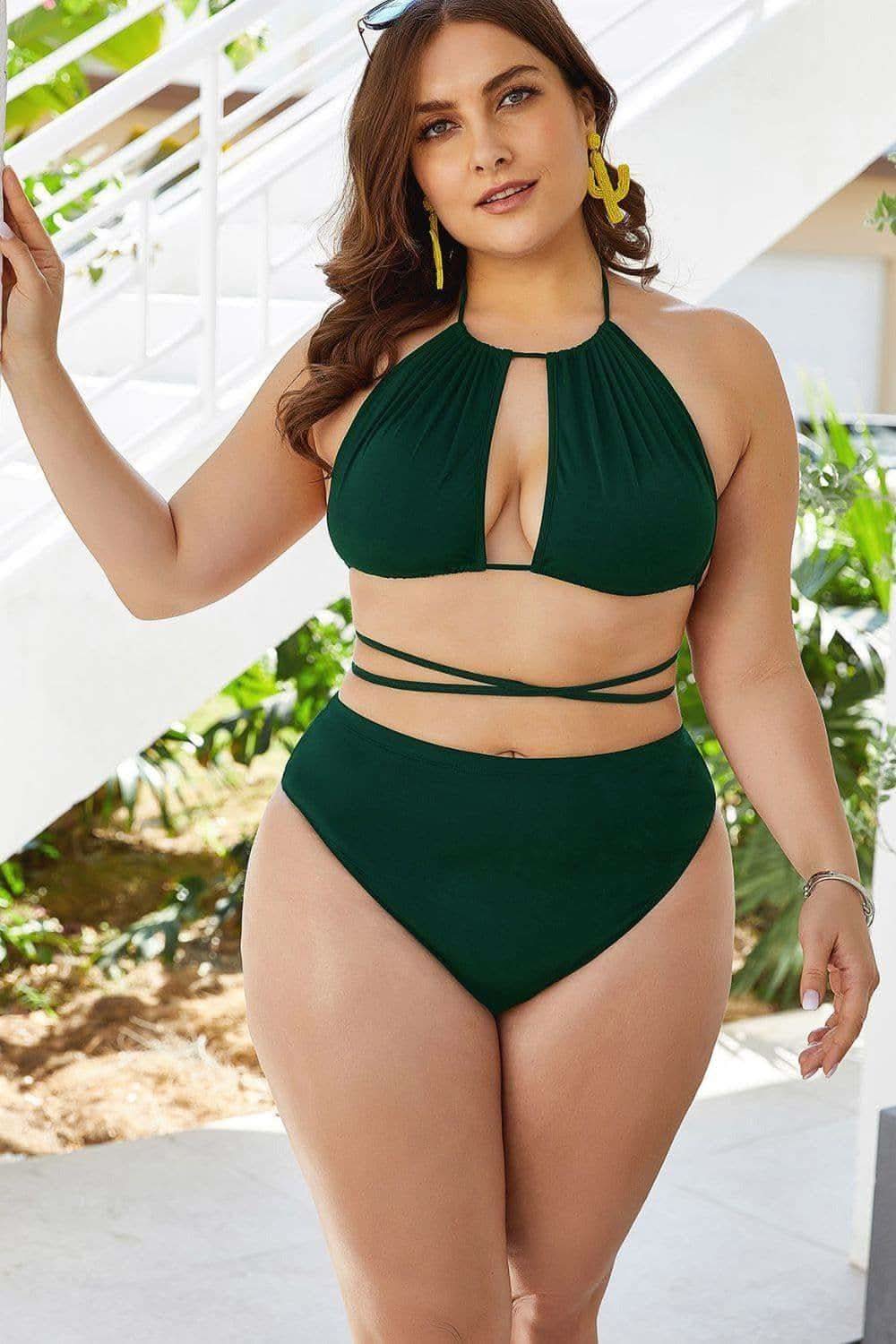 Lexi Plus Size Cutout Tied Backless Bikini Set in Green - Swimwear photo