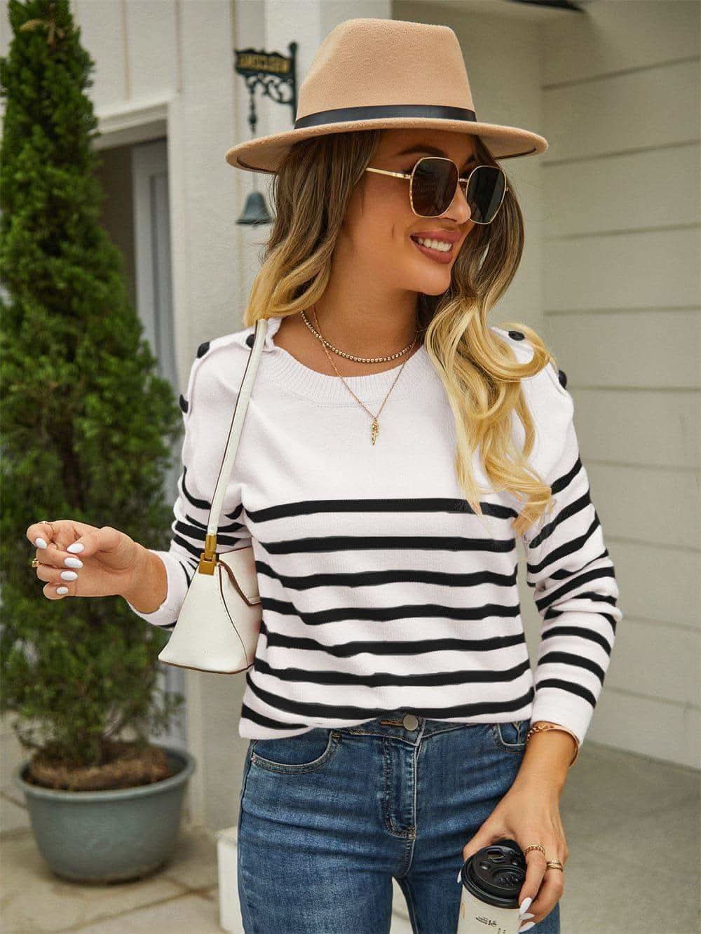 Lexi Round Neck Shoulder Button Striped Pullover Sweater, 3 Colors in - Shirts & Tops photo