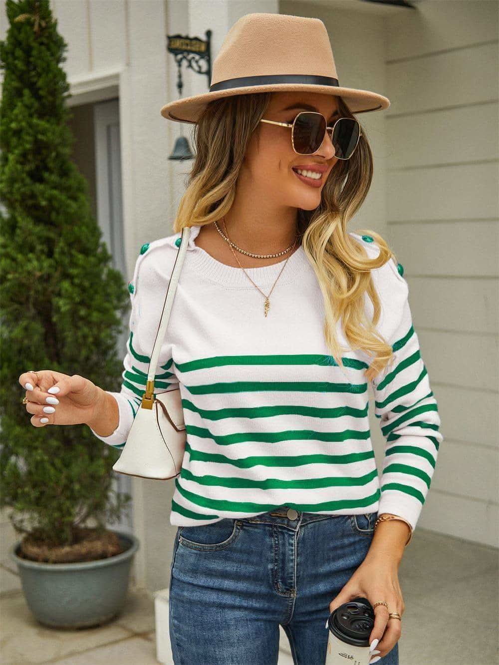 Lexi Round Neck Shoulder Button Striped Pullover Sweater, 3 Colors in - Shirts & Tops photo
