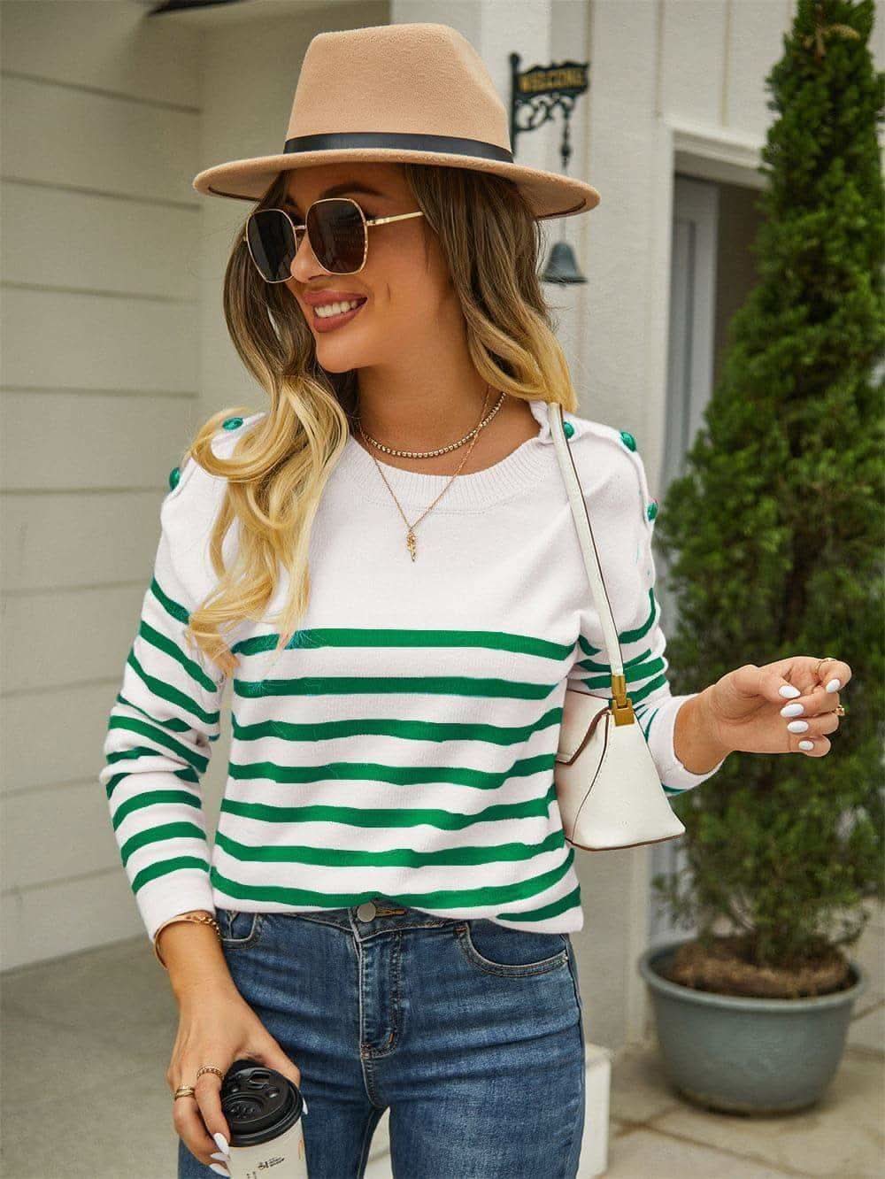 Lexi Round Neck Shoulder Button Striped Pullover Sweater, 3 Colors in - Shirts & Tops photo