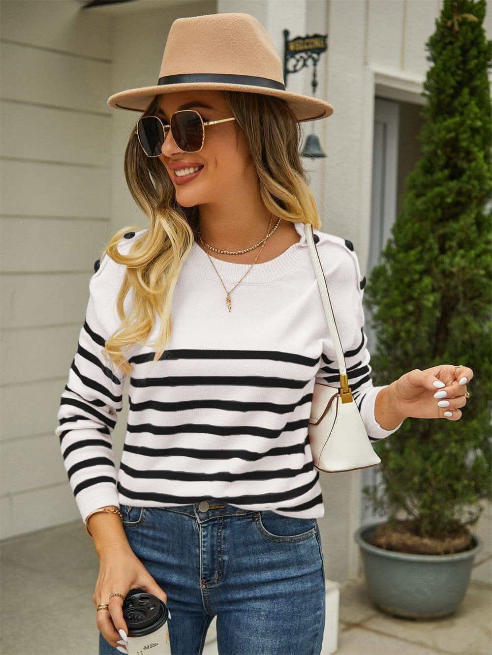 Lexi Round Neck Shoulder Button Striped Pullover Sweater, 3 Colors in - Shirts & Tops photo