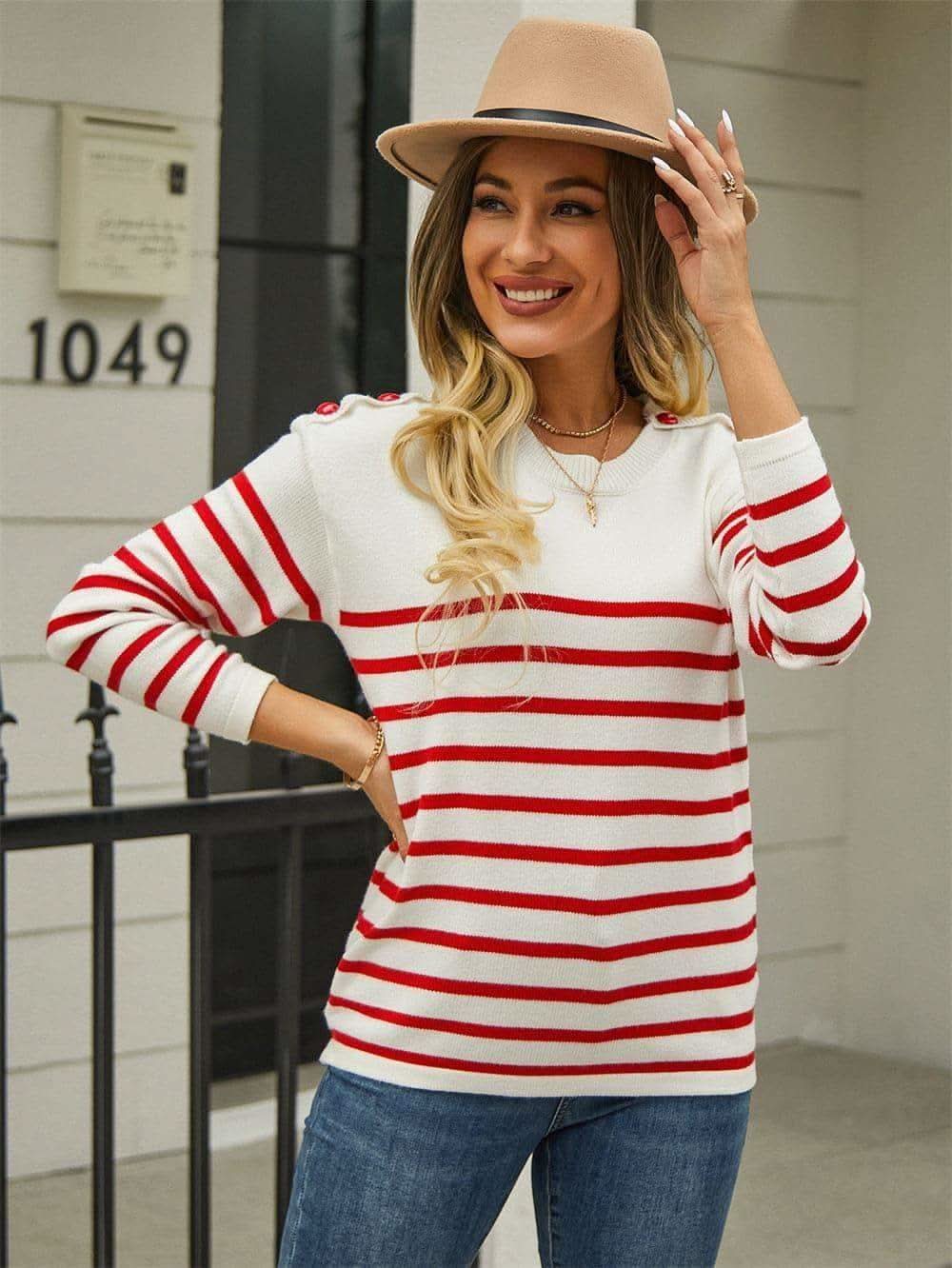 Lexi Round Neck Shoulder Button Striped Pullover Sweater, 3 Colors in - Shirts & Tops photo