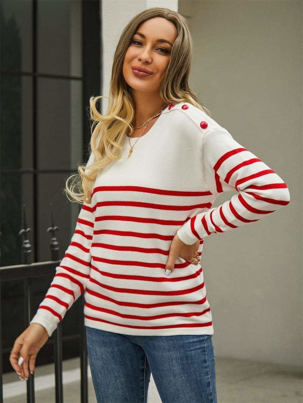 Lexi Round Neck Shoulder Button Striped Pullover Sweater, 3 Colors in - Shirts & Tops photo