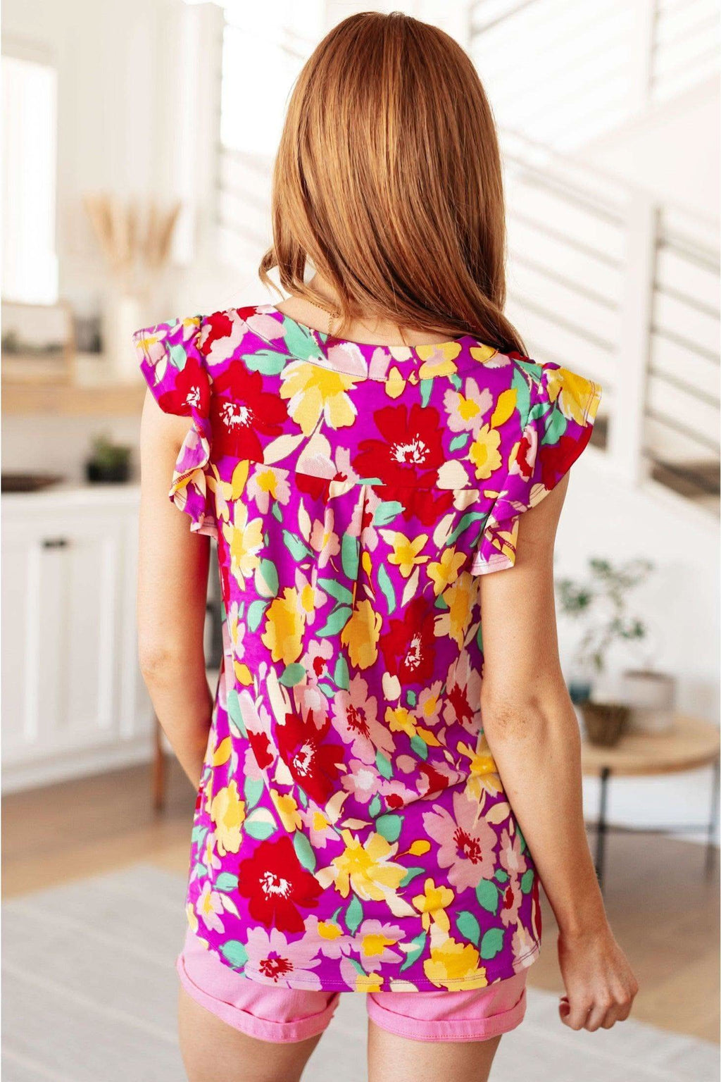 Lizzy Flutter Sleeve Top in Magenta and Yellow Floral - SwagglyLife Home & Fashion