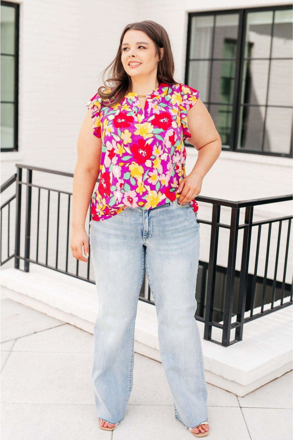 Lizzy Flutter Sleeve Top in Magenta and Yellow Floral - SwagglyLife Home & Fashion