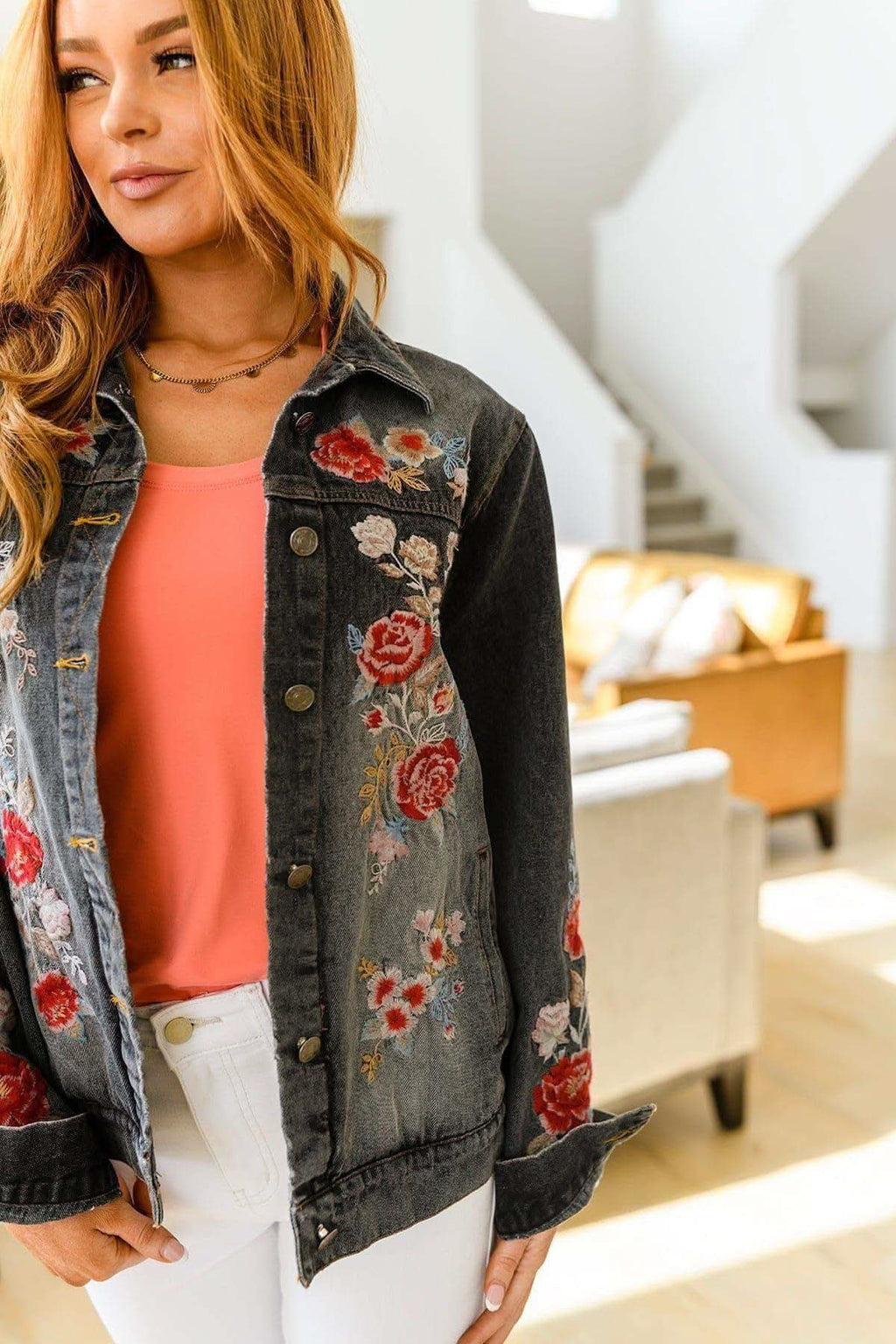 Lovely Visions Flower Embroidered Jacket in - Denim Jackets photo