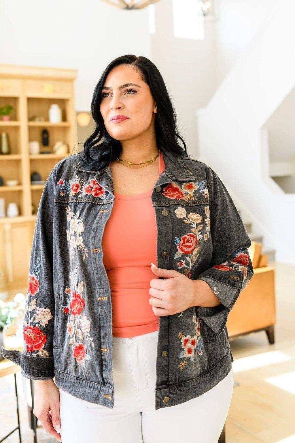 Lovely Visions Flower Embroidered Jacket in - Denim Jackets photo