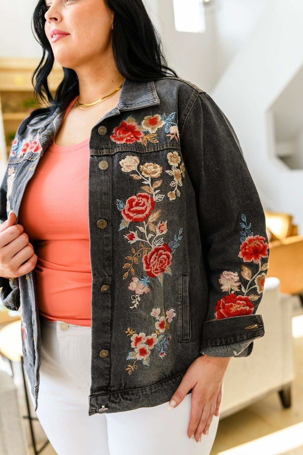 Lovely Visions Flower Embroidered Jacket in - Denim Jackets photo