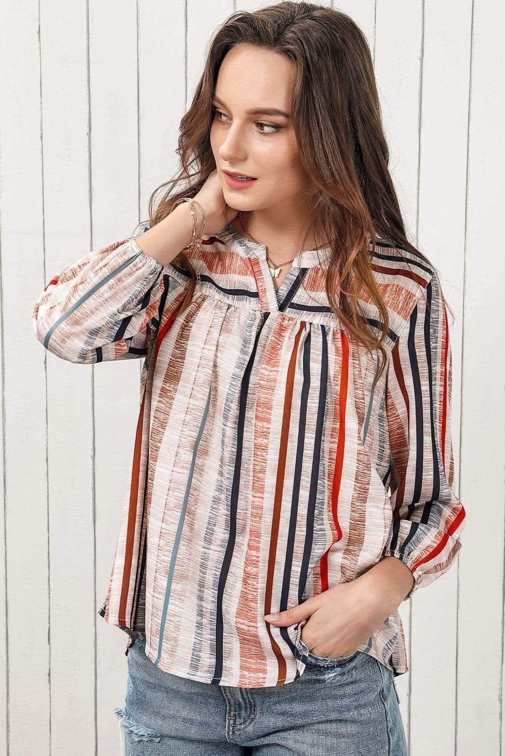 Multicolored Stripe Notched Neck Top - SwagglyLife Home & Fashion