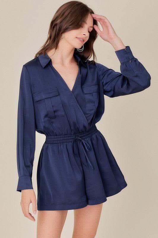 Mustard Seed Pocket Front Overlap Safari Romper in DEEP NAVY - Jumpsuits & Rompers photo