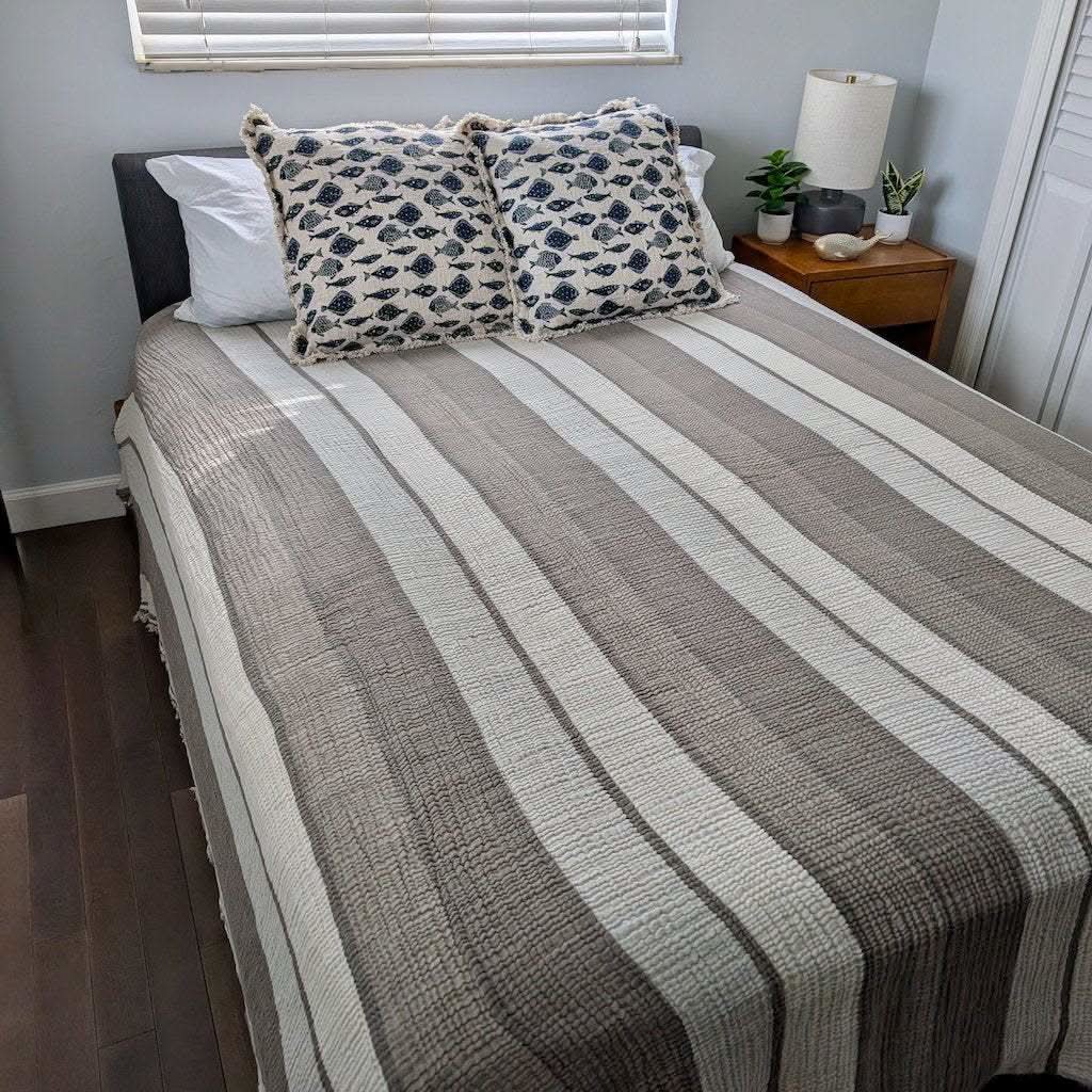 Nova Collection Bedspreads – Wide Stripe Design, Organic Turkish Cotton, Queen/King Sizes in Gray - Blanket photo