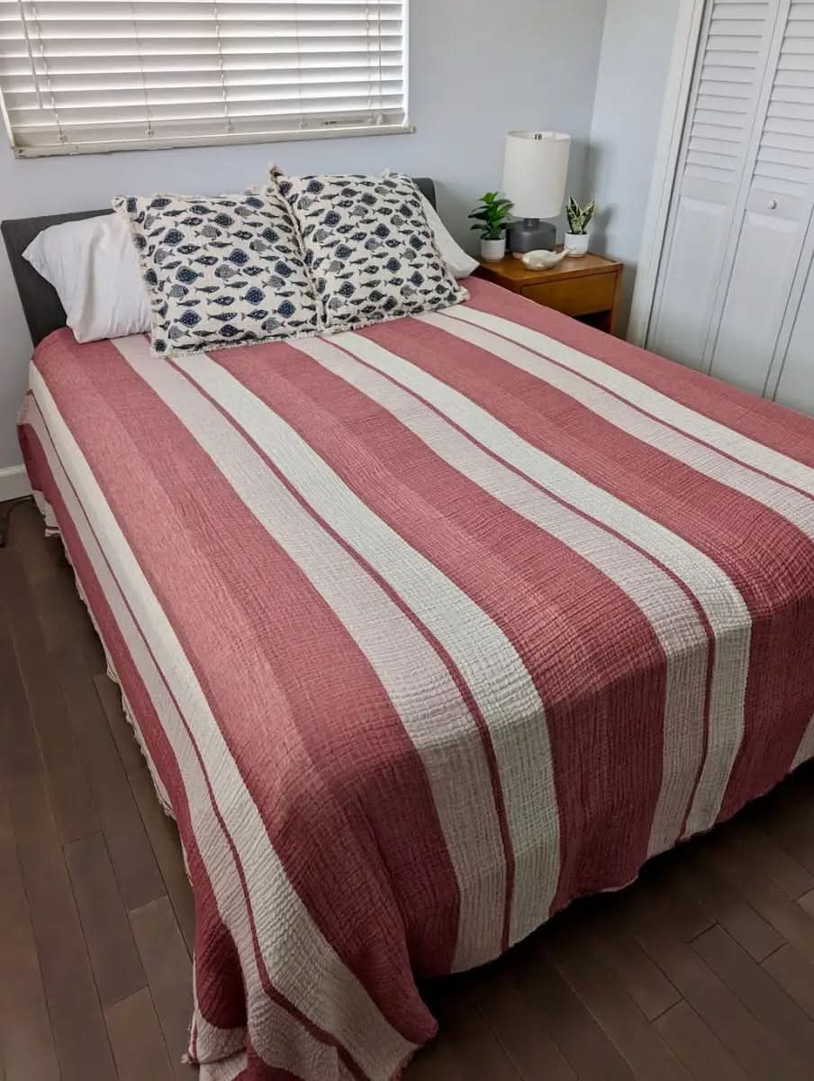 Nova Collection Bedspreads – Wide Stripe Design, Organic Turkish Cotton, Queen/King Sizes in Rose - Blanket photo