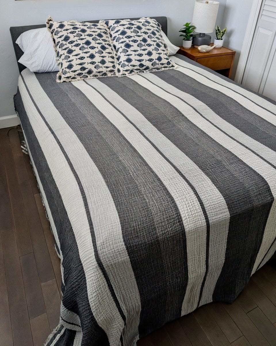 Nova Collection Bedspreads – Wide Stripe Design, Organic Turkish Cotton, Queen/King Sizes in Black - Blanket photo