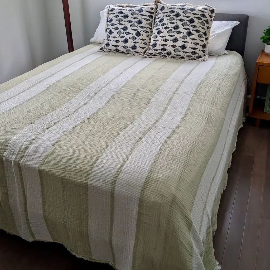 Nova Collection Bedspreads – Wide Stripe Design, Organic Turkish Cotton, Queen/King Sizes in Green - Blanket photo