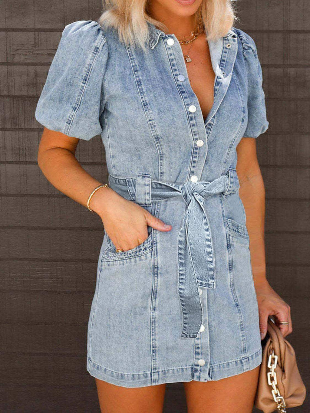 Olivia Puff Sleeve Button Up Mini Denim Dress in - Dresses photo