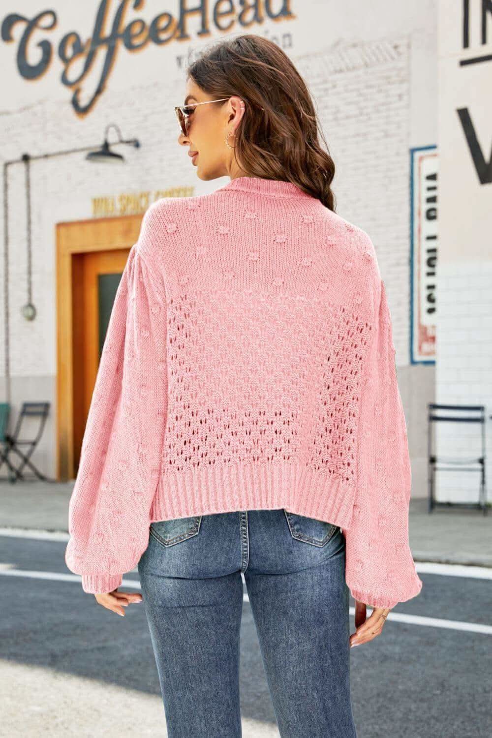 Openwork Pompom Puff Sleeve Cardigan - SwagglyLife Home & Fashion Openwork Pompom Puff Sleeve Cardigan - SwagglyLife Home & Fashion