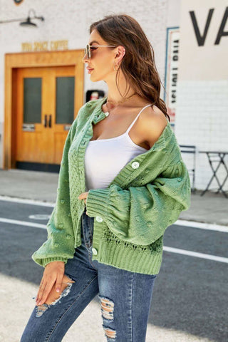 Openwork Pompom Puff Sleeve Cardigan - SwagglyLife Home & Fashion Openwork Pompom Puff Sleeve Cardigan - SwagglyLife Home & Fashion
