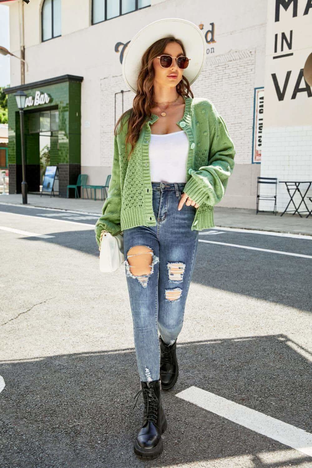 Openwork Pompom Puff Sleeve Cardigan - SwagglyLife Home & Fashion