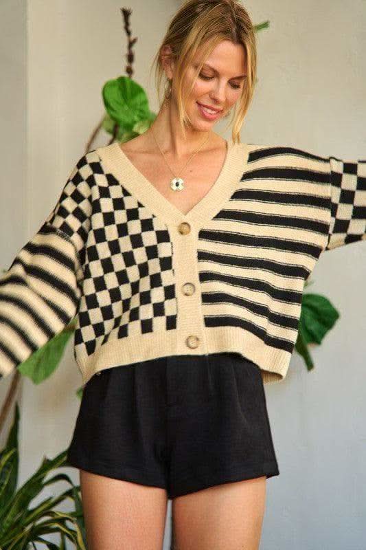 Jade by Jane PLUS Contrast Pattern Sweater Cardigan - SwagglyLife Home & Fashion