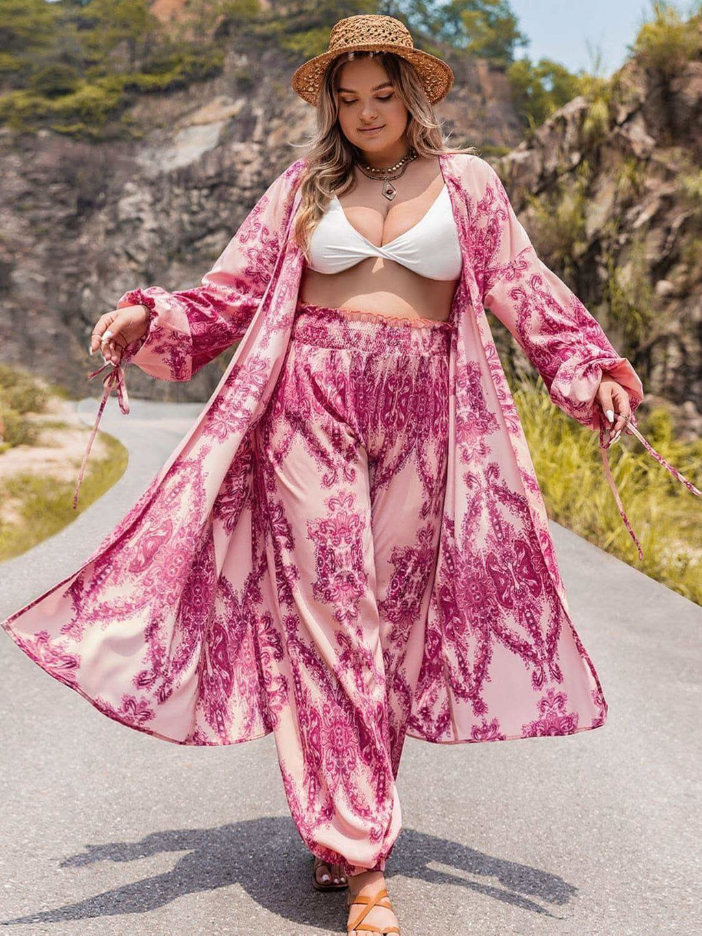 Plus Size Open Front Cardigan and Pants Set in Hot Pink - Outfit Sets photo