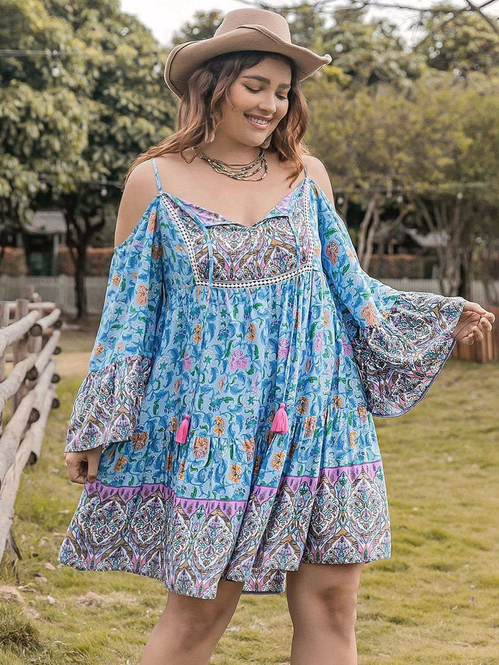 Plus Size Printed Long Sleeve Mini Dress in Sky Blue - photo