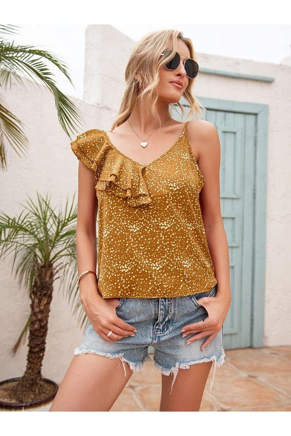 Polka Dot Ruffle Trim Asymmetrical Tank Top, Honey - SwagglyLife Home & Fashion