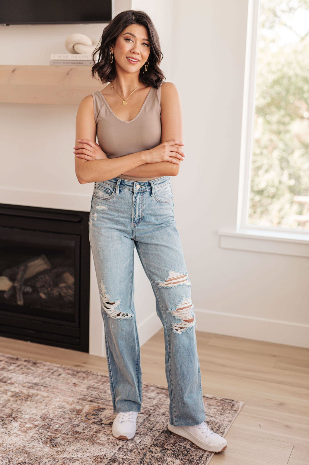 Ramona High Rise Rigid Magic Destroyed Straight Jeans in - Denim photo