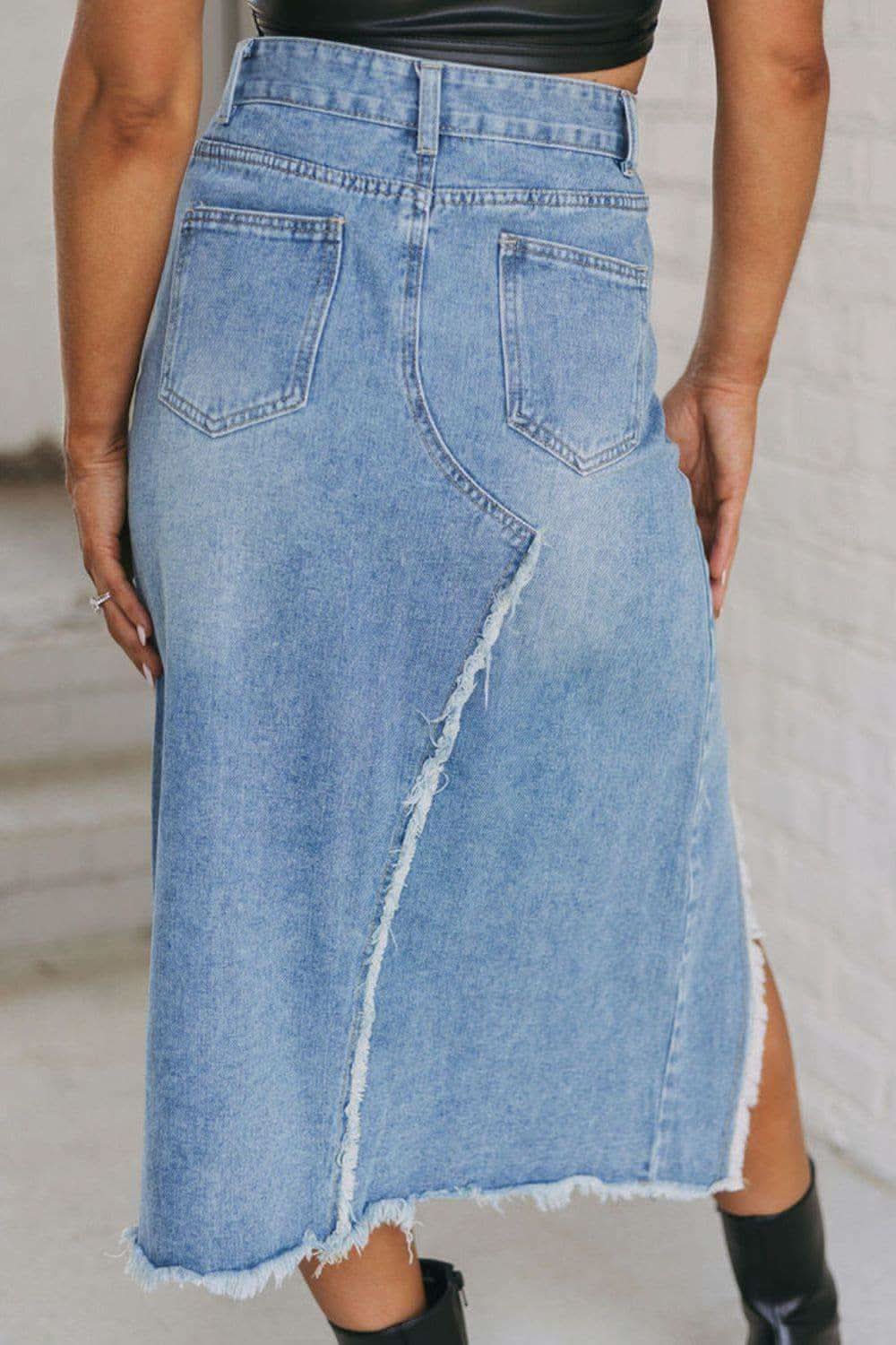 Raw Hem Slit Denim Skirt with Pockets - SwagglyLife Home & Fashion