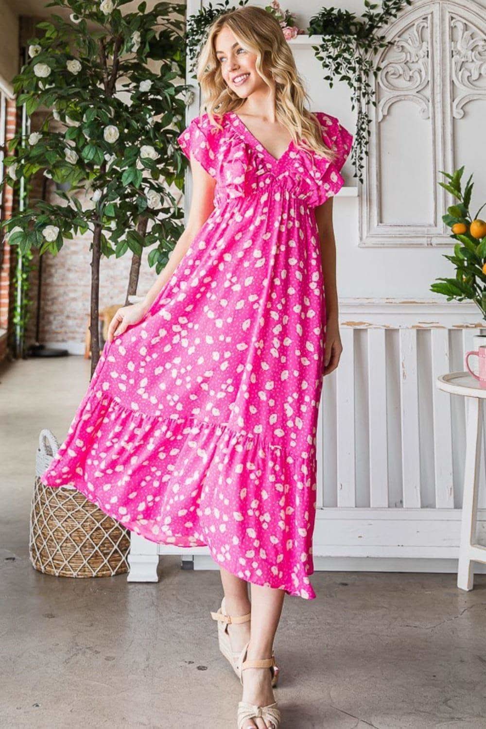 Reborn J Printed V-Neck Ruffle Trim Tiered Midi Dress in Fuchsia - Dresses photo