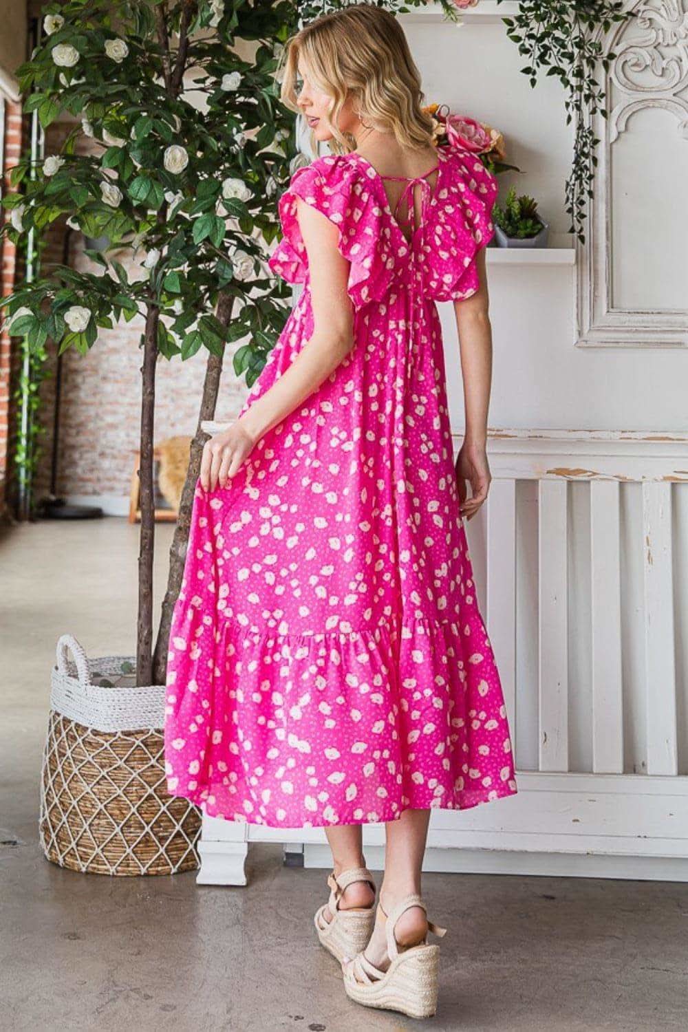 Reborn J Printed V-Neck Ruffle Trim Tiered Midi Dress in - Dresses photo