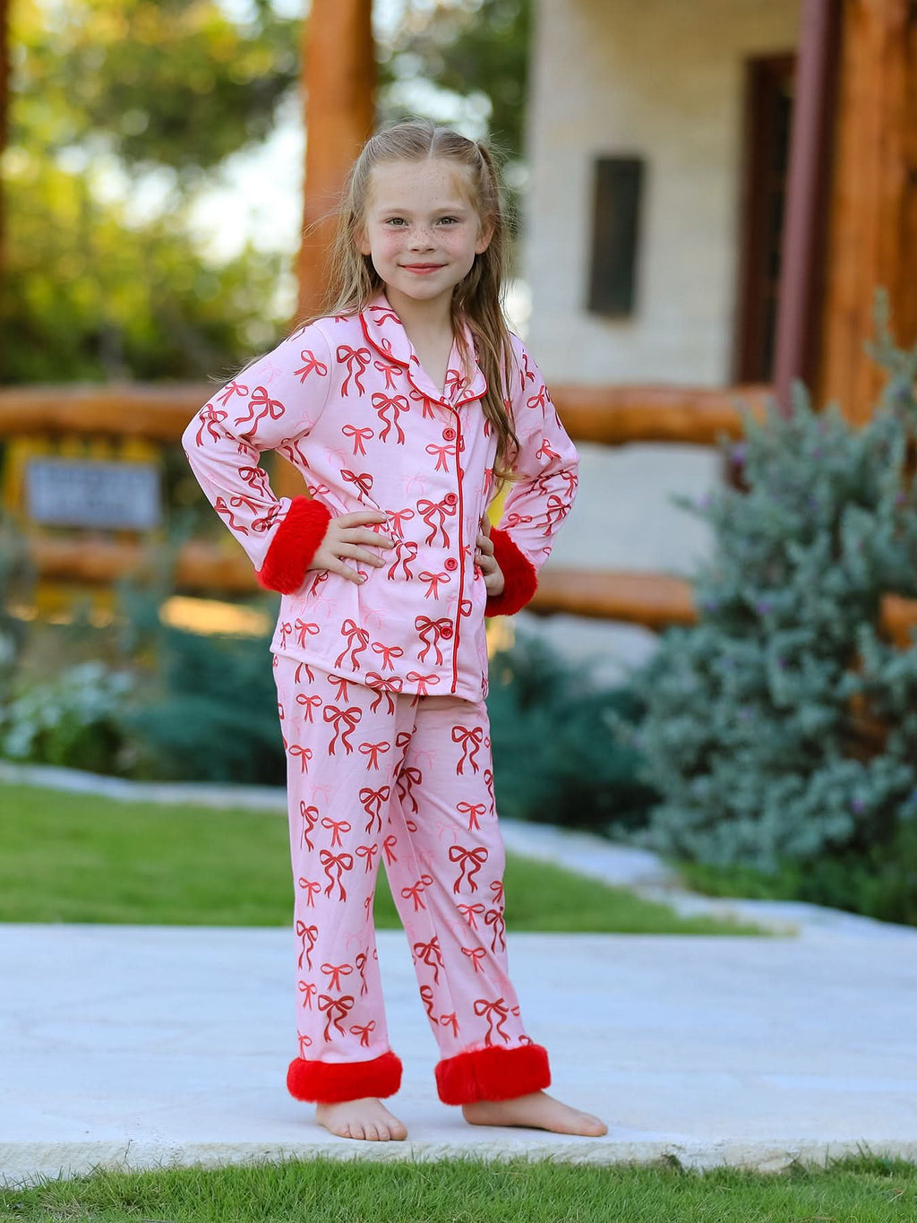 Bow Girls Pajama Set with Furry Trim -