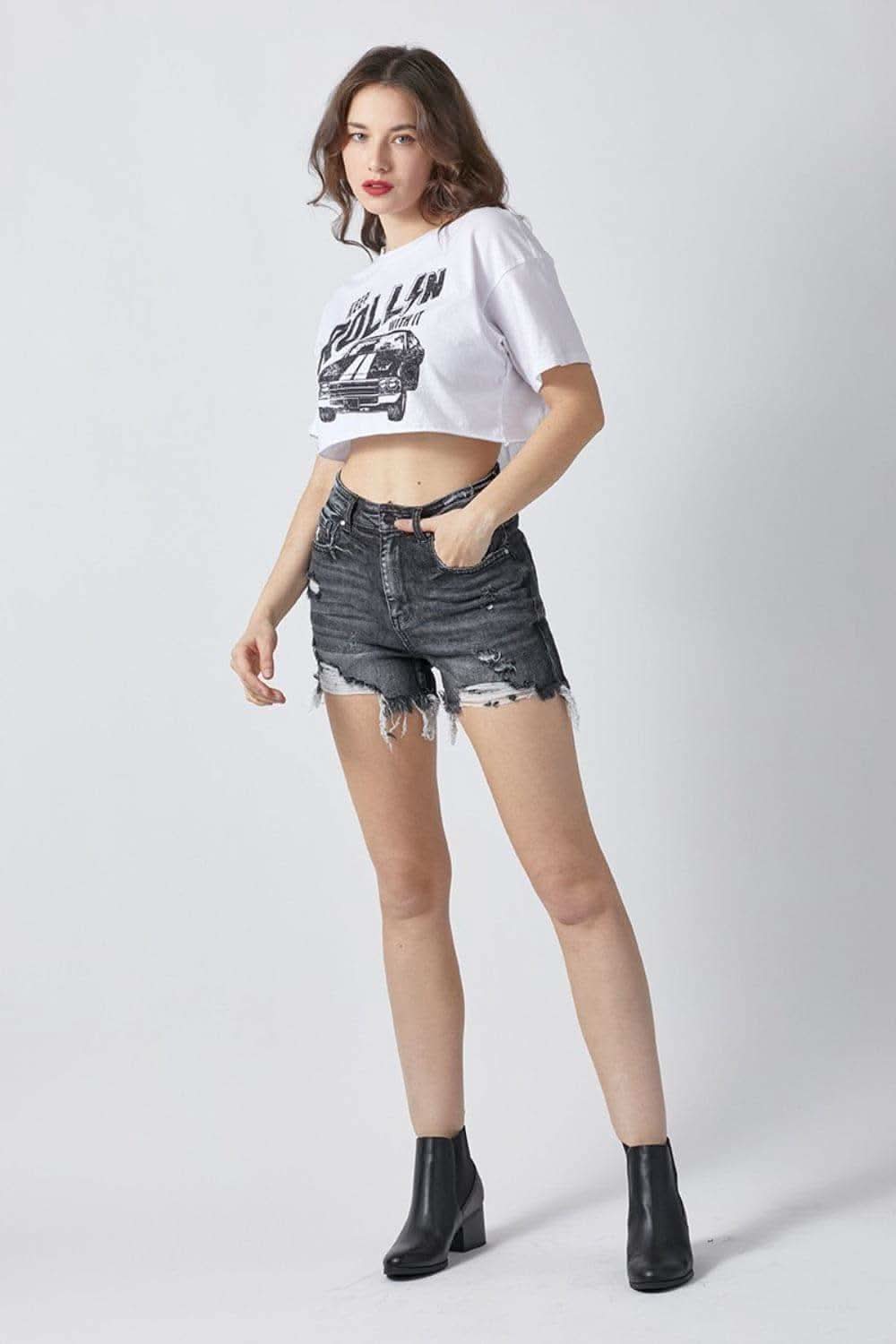 RISEN Full Size High Rise Distressed Denim Shorts in - Shorts photo
