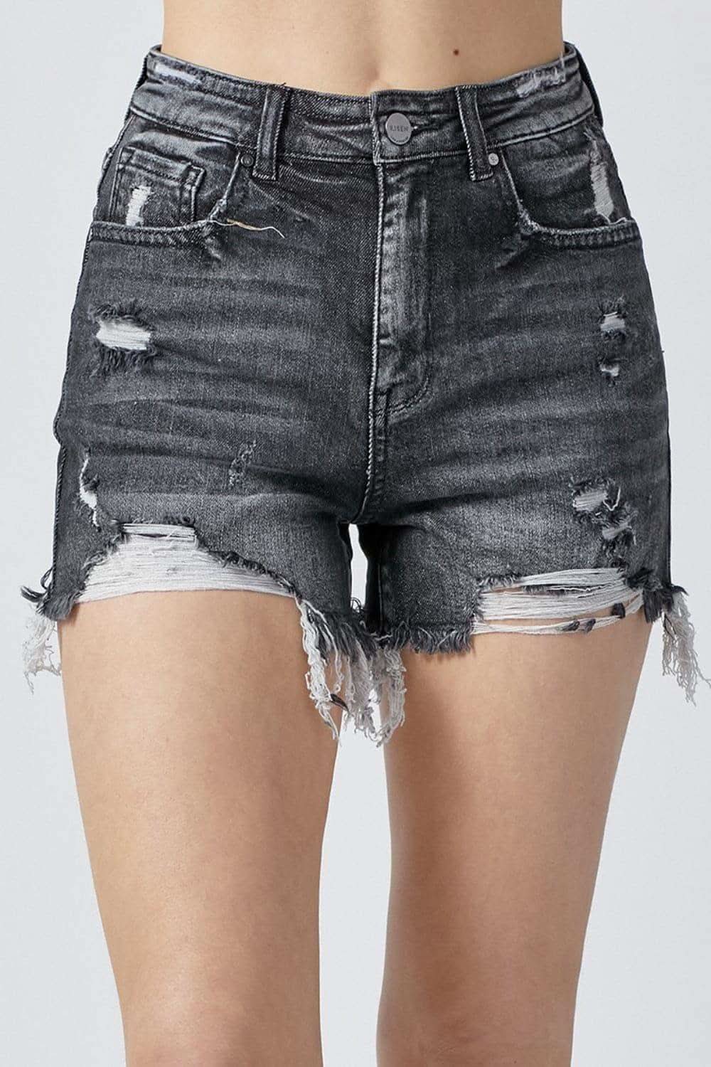 RISEN Full Size High Rise Distressed Denim Shorts in Black - Shorts photo