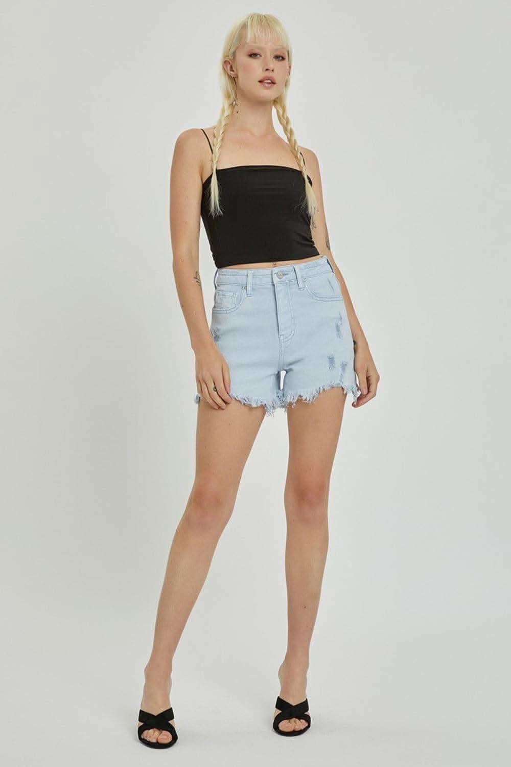 RISEN Full Size High Rise Distressed Detail Denim Shorts - SwagglyLife Home & Fashion