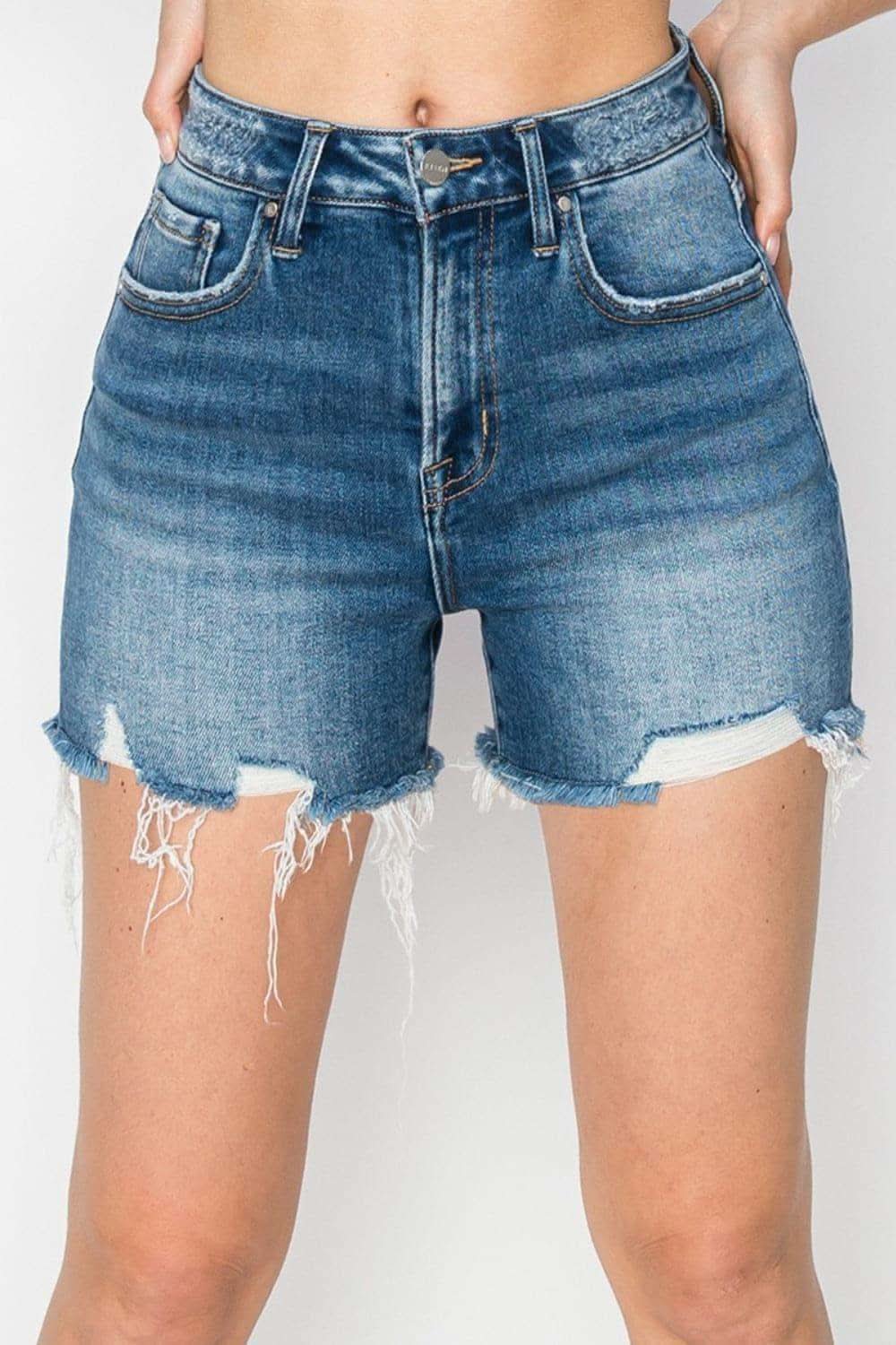 RISEN High Rise Raw Hem Distressed Denim Shorts - SwagglyLife Home & Fashion