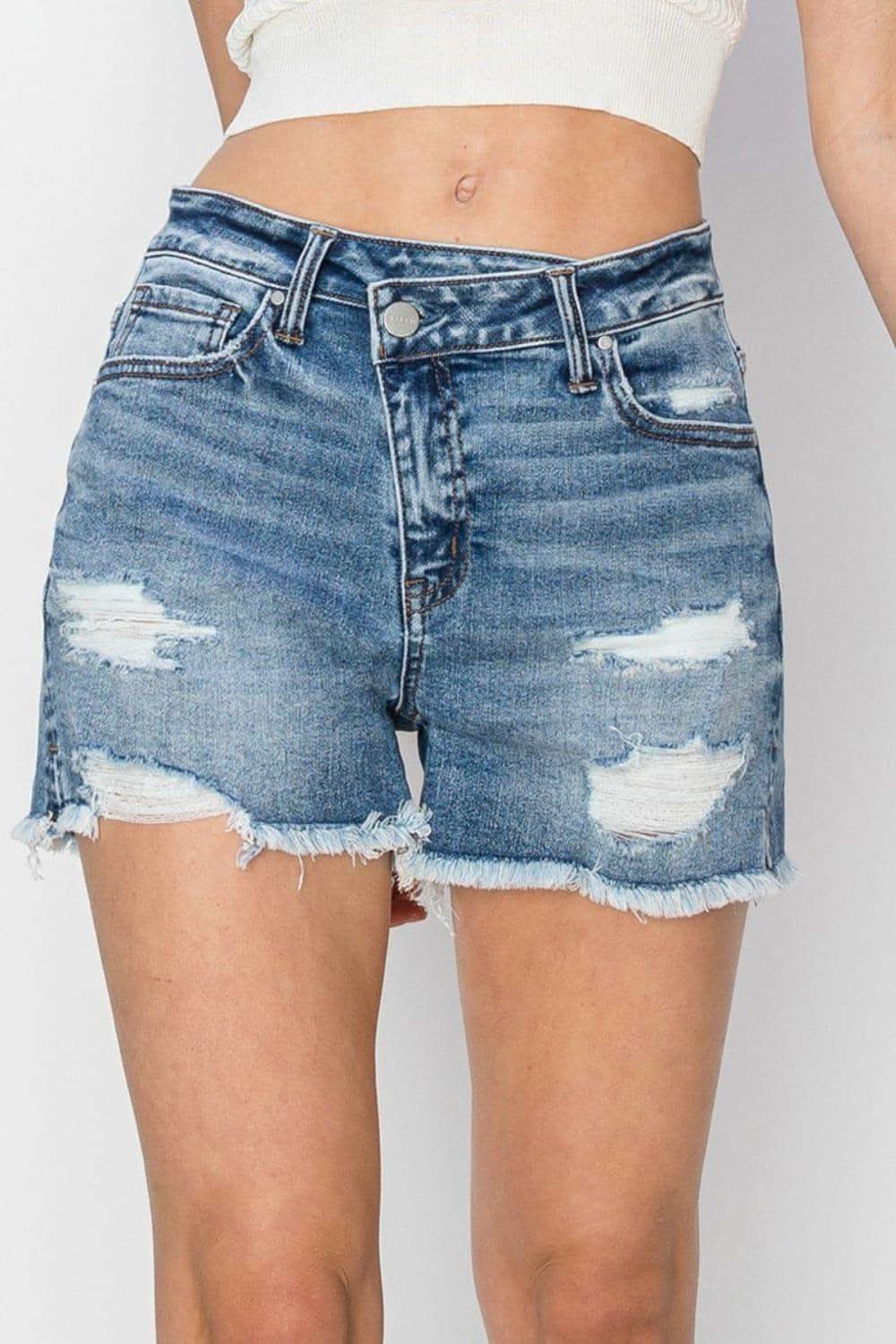 RISEN Stepped Waist Frayed Denim Shorts - SwagglyLife Home & Fashion