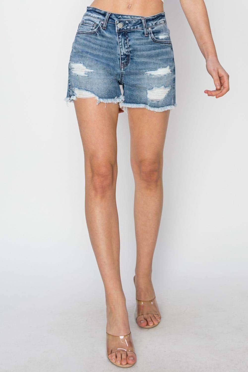 RISEN Stepped Waist Frayed Denim Shorts - SwagglyLife Home & Fashion