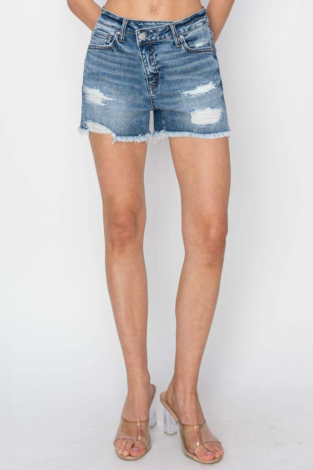 RISEN Stepped Waist Frayed Denim Shorts - SwagglyLife Home & Fashion