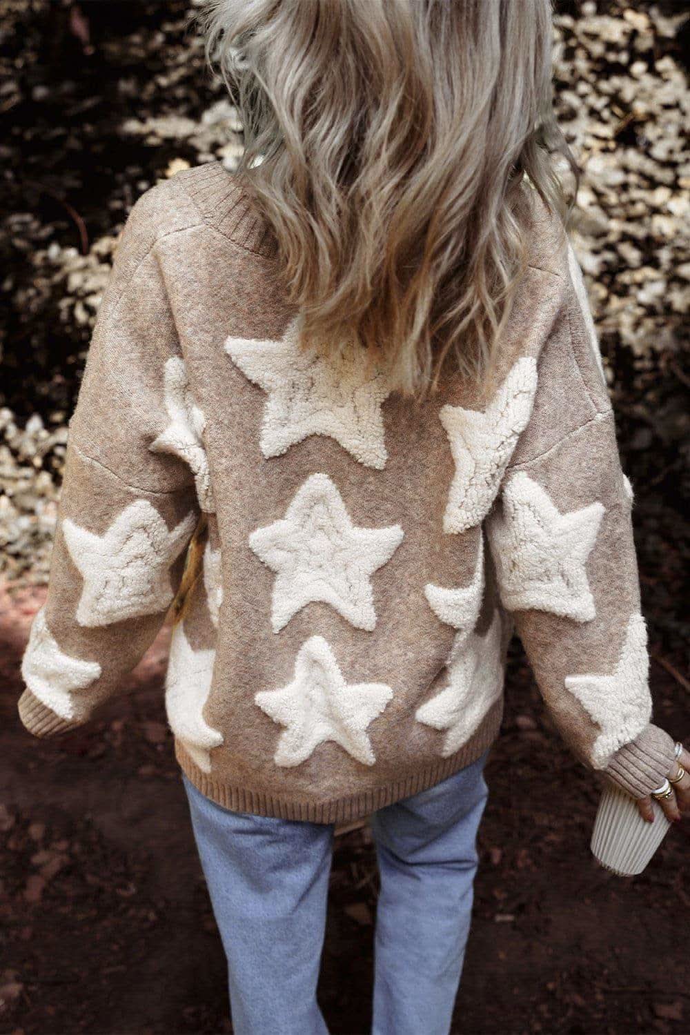 Star Button Up Long Sleeve Cardigan - SwagglyLife Home & Fashion