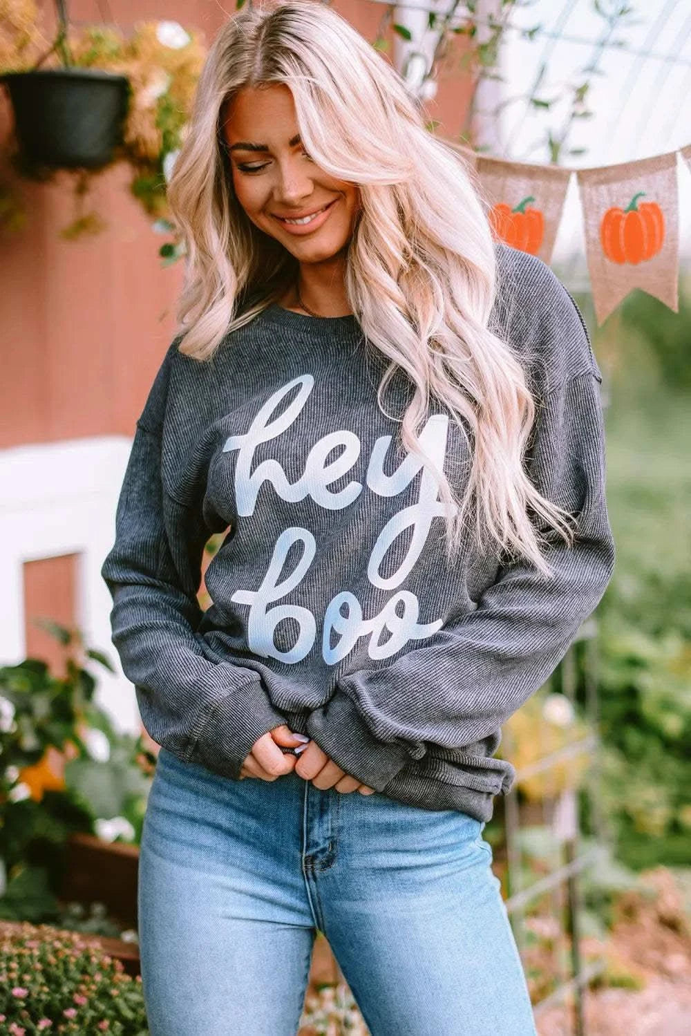 Hey Boo Round Neck Letter Graphic Sweatshirt - SwagglyLife Home & Fashion